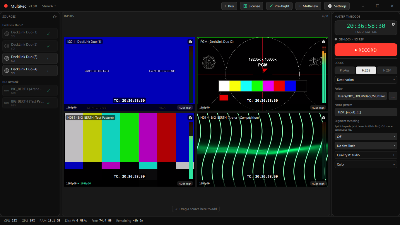 MultiRec operator screen with four live input previews